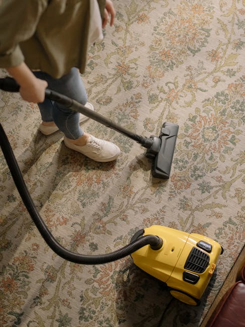 A person vacuuming a patterned beige and green area rug in a home interior, using a yellow and black vacuum cleaner. The individual is wearing white sneakers, blue jeans, and a beige coat, standing on the rug with a hand on the vacuum handle. The scene showcases surface cleaning and deep cleaning processes, highlighting the importance of maintaining hygiene and cleanliness in a domestic setting. The room features wooden flooring adjacent to the rug, with natural lighting illuminating the space. Carpet Cleaners Kentish Town is visible as a professional cleaning service committed to thorough sanitisation and carpet care.