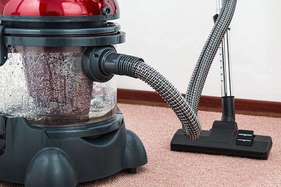 Close-up view of a vacuum cleaner with a transparent dust container filled with debris, connected to a flexible patterned hose with a black handle, positioned on a pink carpet in a residential room. The vacuum's red top is partially visible, and the background features a white wall with a wooden baseboard. The scene reflects surface cleaning and maintenance, associated with domestic cleaning services, with a focus on hygienic and thorough deep cleaning by Carpet Cleaners Kentish Town in the N19 area.